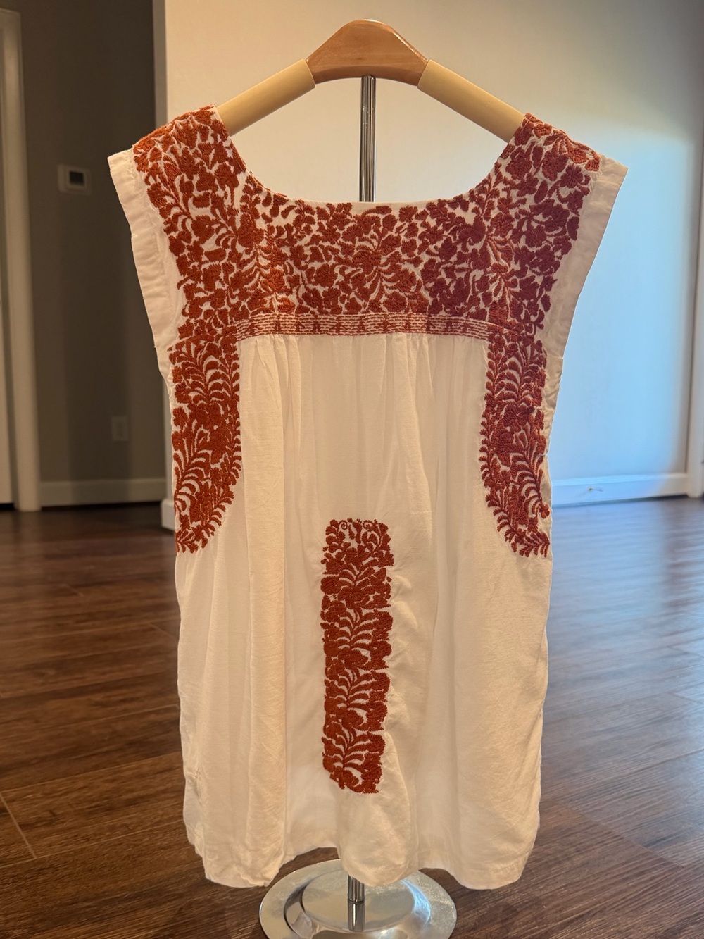 Embroidered Cream Sleeveless Tunic with Rust Accents